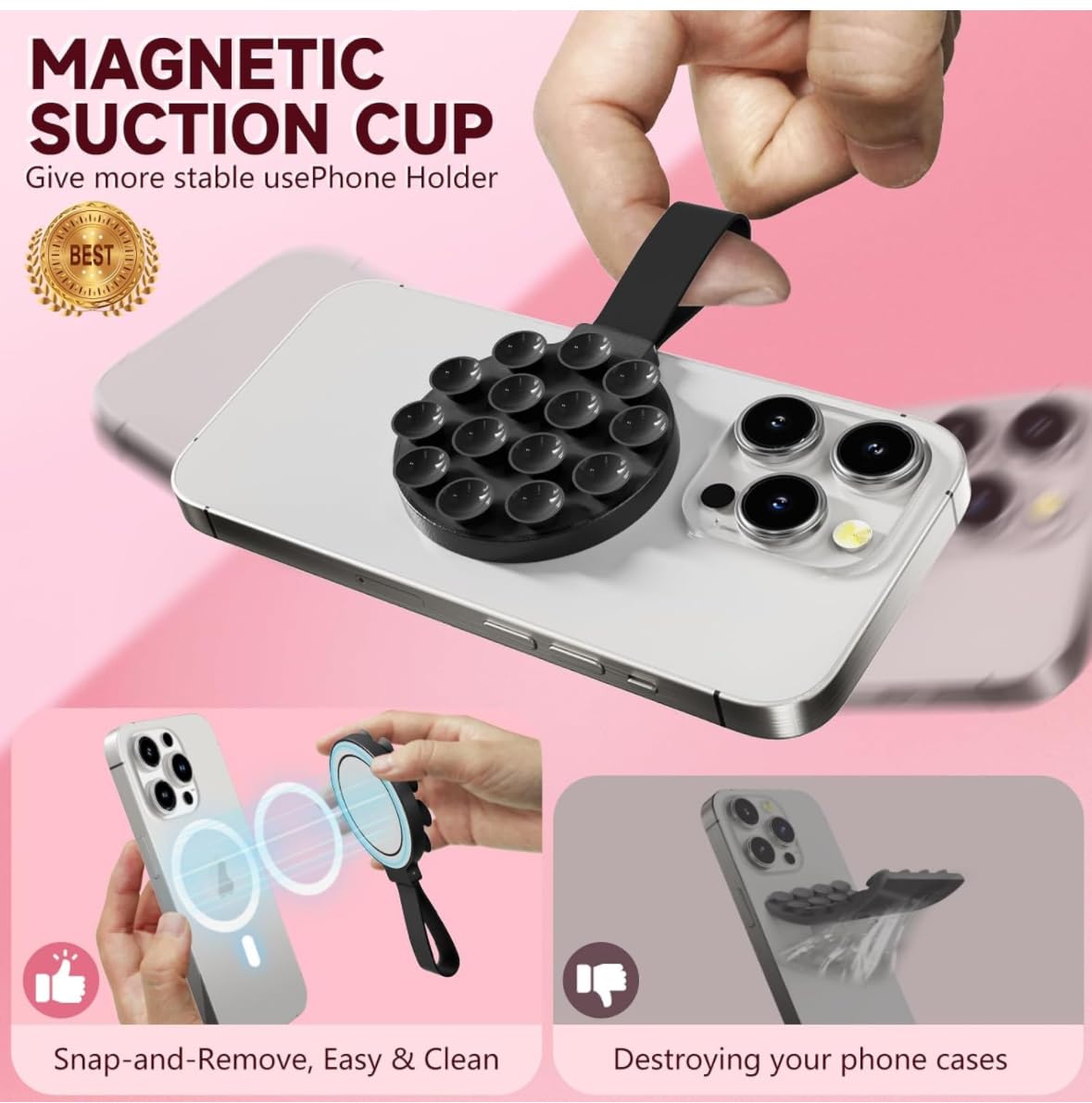 2026 Silicone Magnetic Suction Smartphone Holder 360° Reinforced 96LBS Ultra Suction Cup Mount for Mag-Safe Cellphone Holders for Car Gym Mirror Mount for iPhone & Android (Stand 360)