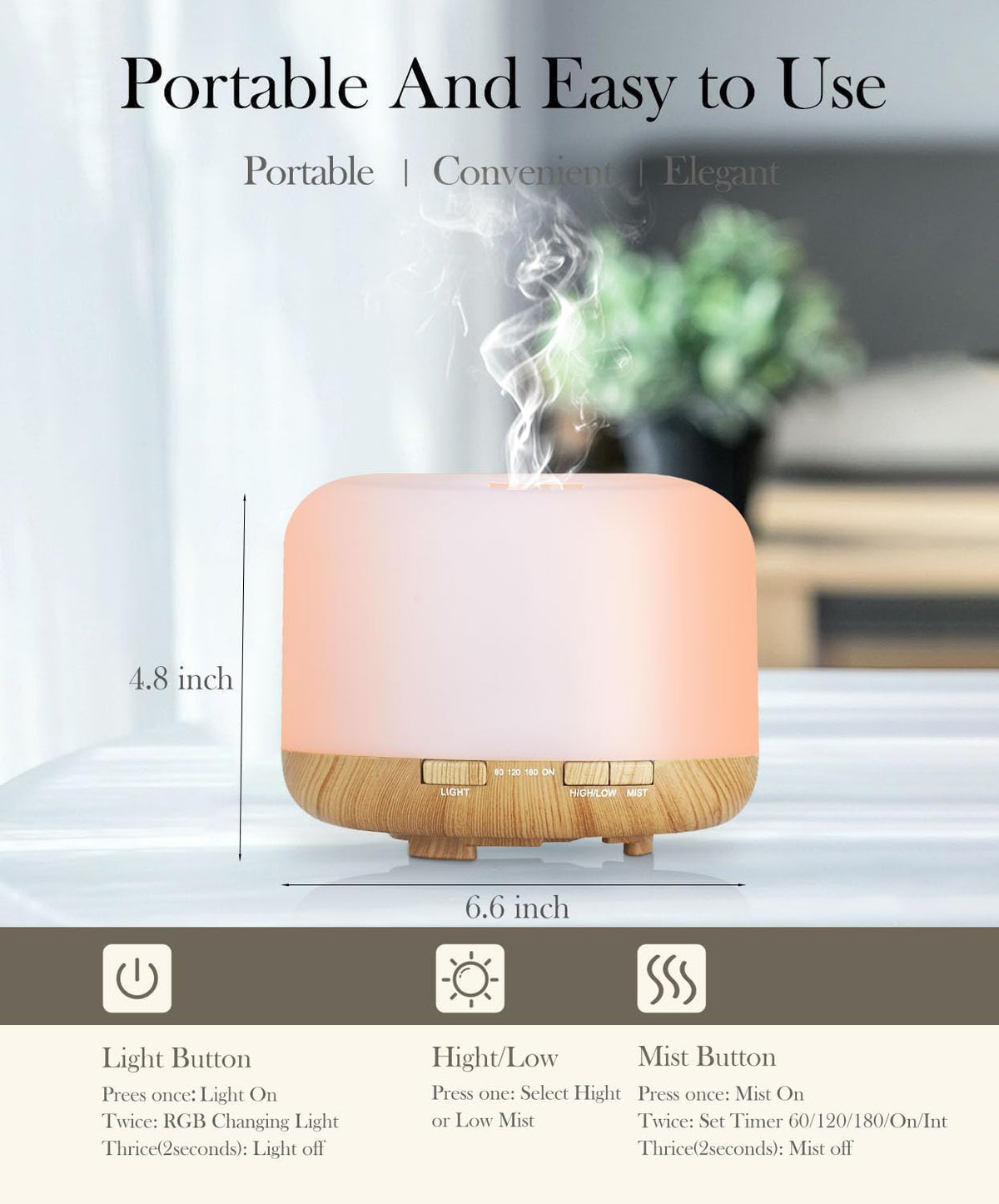300ml Essential Oil Diffuser & Humidifier – Ultrasonic Cool Mist with Quiet Operation, LED Lights – Aromatherapy Air Freshener for Home, Office, Car(Colours May Vary)