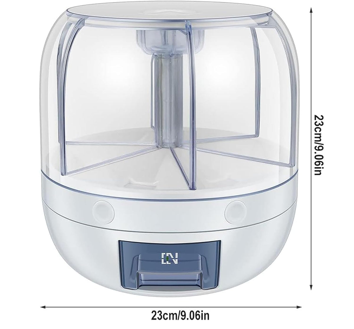 Krevia Plastic 6-Grid Round Food Dispenser | 360° Rotating Food Bucket Transparent Rice Storage Container | Rotatable Dry Food Fruit Cereal Storage Box Container with Lid for Home and Kitchen (White)