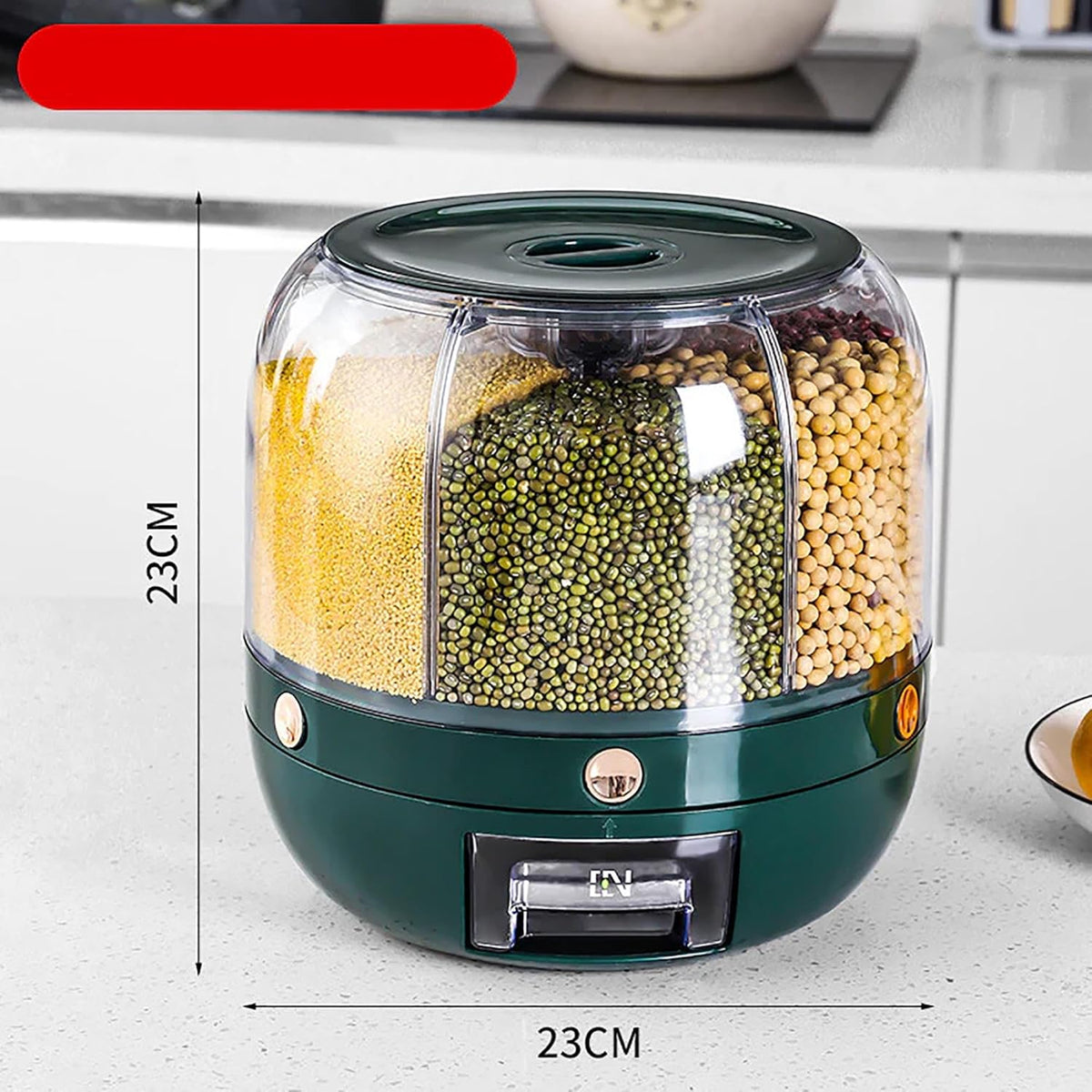 Krevia Plastic 6-Grid Round Food Dispenser | 360° Rotating Food Bucket Transparent Rice Storage Container | Rotatable Dry Food Fruit Cereal Storage Box Container with Lid for Home and Kitchen (White)