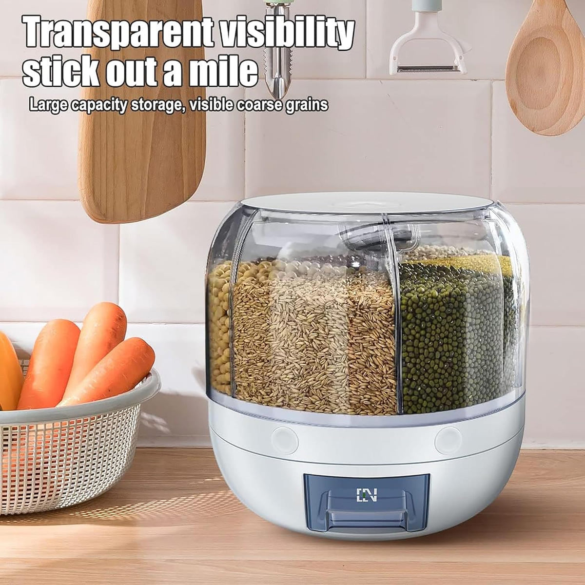 Krevia Plastic 6-Grid Round Food Dispenser | 360° Rotating Food Bucket Transparent Rice Storage Container | Rotatable Dry Food Fruit Cereal Storage Box Container with Lid for Home and Kitchen (White)