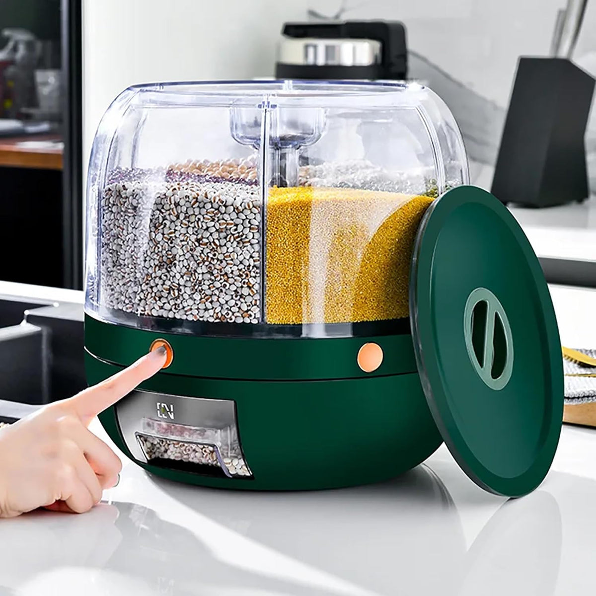 Krevia Plastic 6-Grid Round Food Dispenser | 360° Rotating Food Bucket Transparent Rice Storage Container | Rotatable Dry Food Fruit Cereal Storage Box Container with Lid for Home and Kitchen (White)