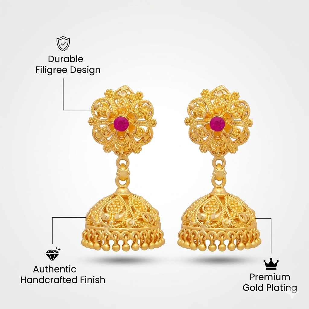 Livicarts Feminine Chic Gold-Plated Jhumka Earrings – Elegant Traditional Statement Jewellery[18823475]