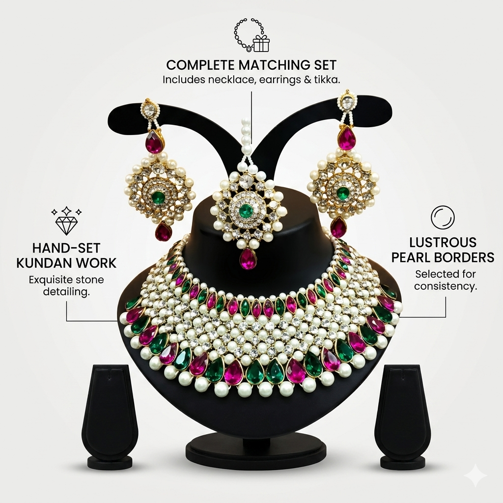 Livicarts Shimmering Chunky Gold-Plated Jewellery Set – Choker, Earrings & Maangtika Combo[572610691]